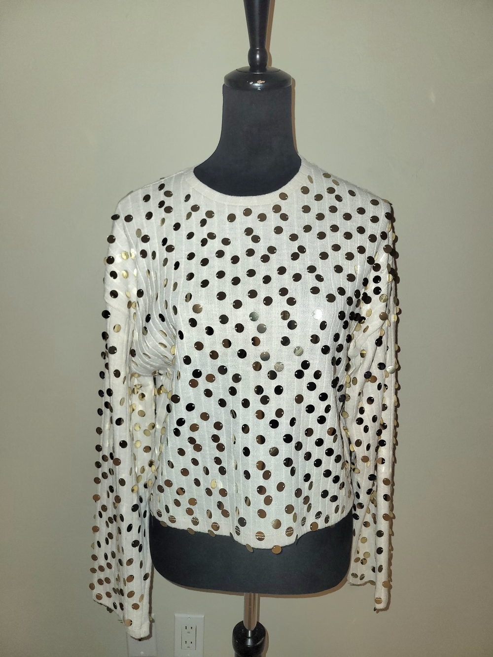 White Crewneck Sweater with Gold Sequin Polka Dots